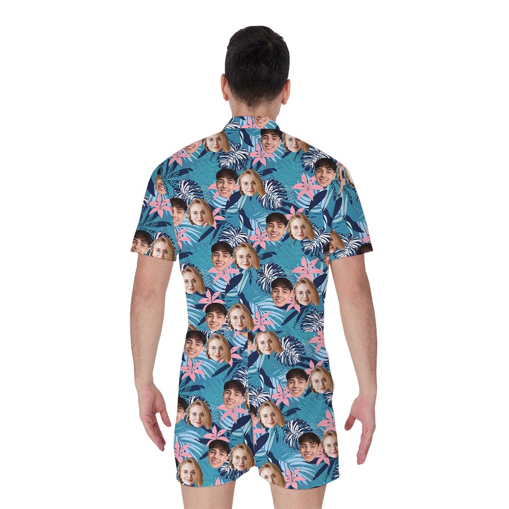 Custom Blue Tropical Romper With Faces For Male