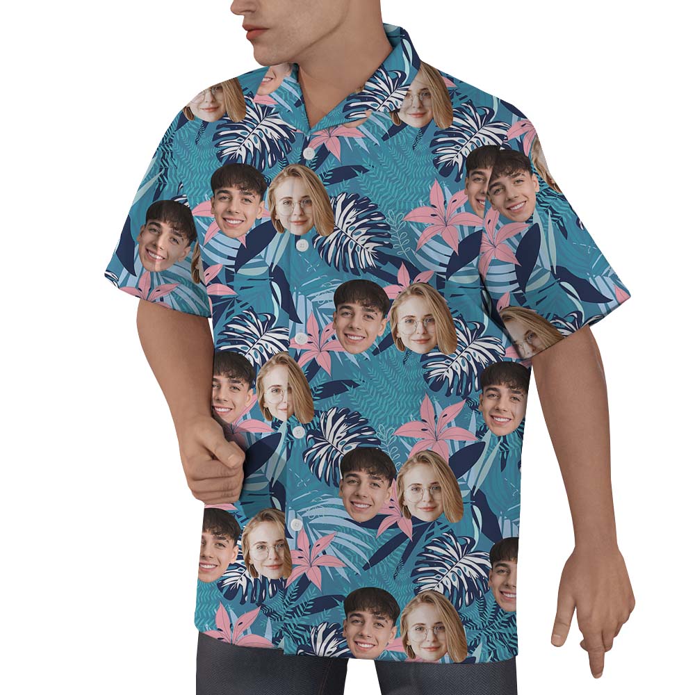 Vintage Blue Tropical Button Up Shirt With Face