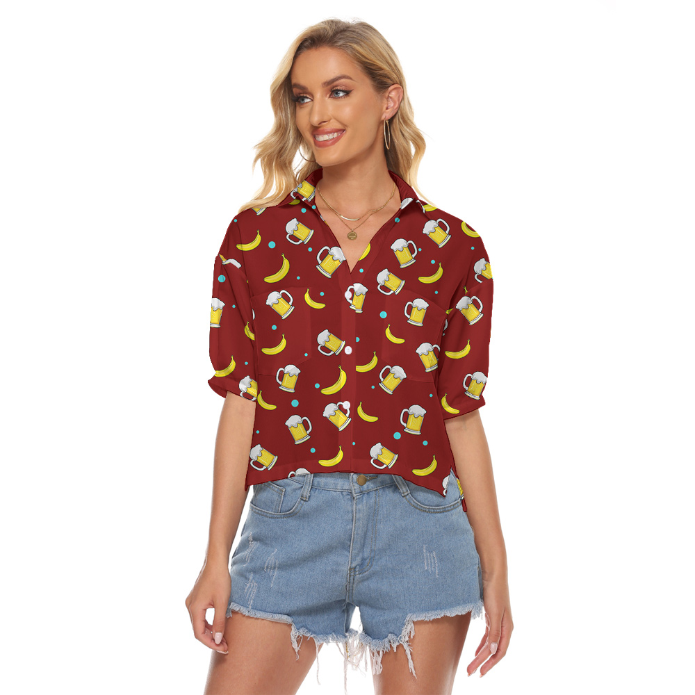 Custom Face Red Hawaiian Women's Cropped Shirt with Beer Motif
