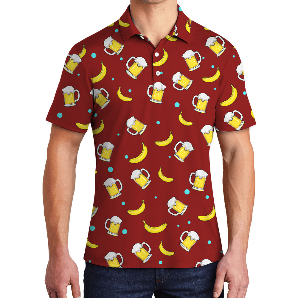 Custom Face Red Hawaiian Men Polo Shirt with Beer Motif