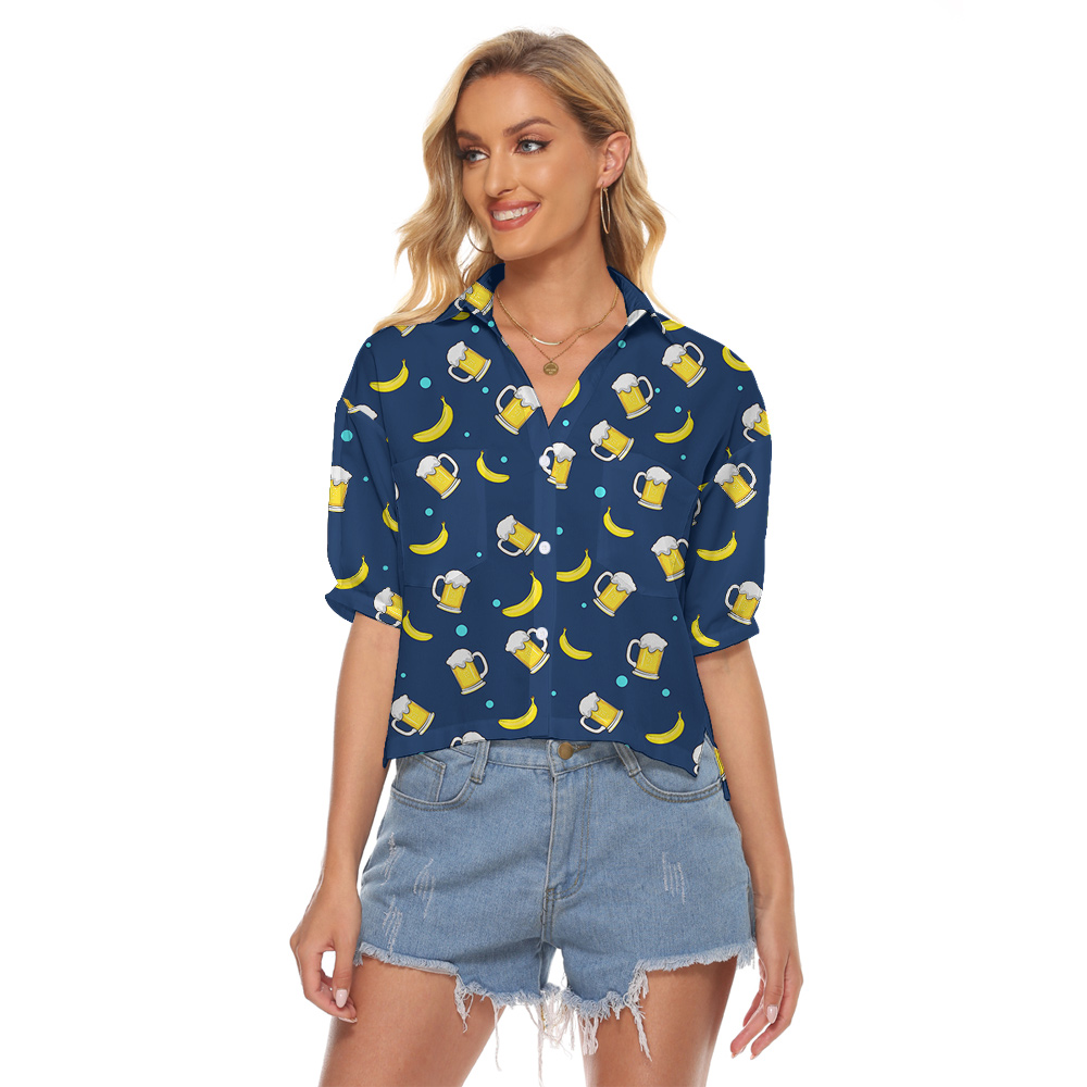 Custom Face Navy Hawaiian Women Cropped Shirt with Beer Motif