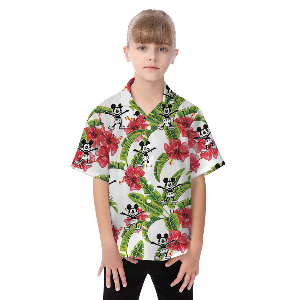 Cute Mickey Steamboat Willie Movie Tropical Hibiscus Matching Family Hawaiian Outfits