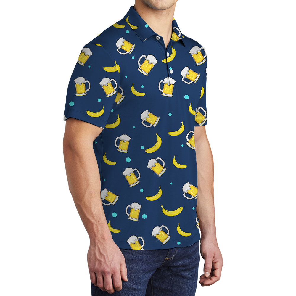 Father Figure Custom Face Navy Hawaiian Polo Shirt with Beer Motif