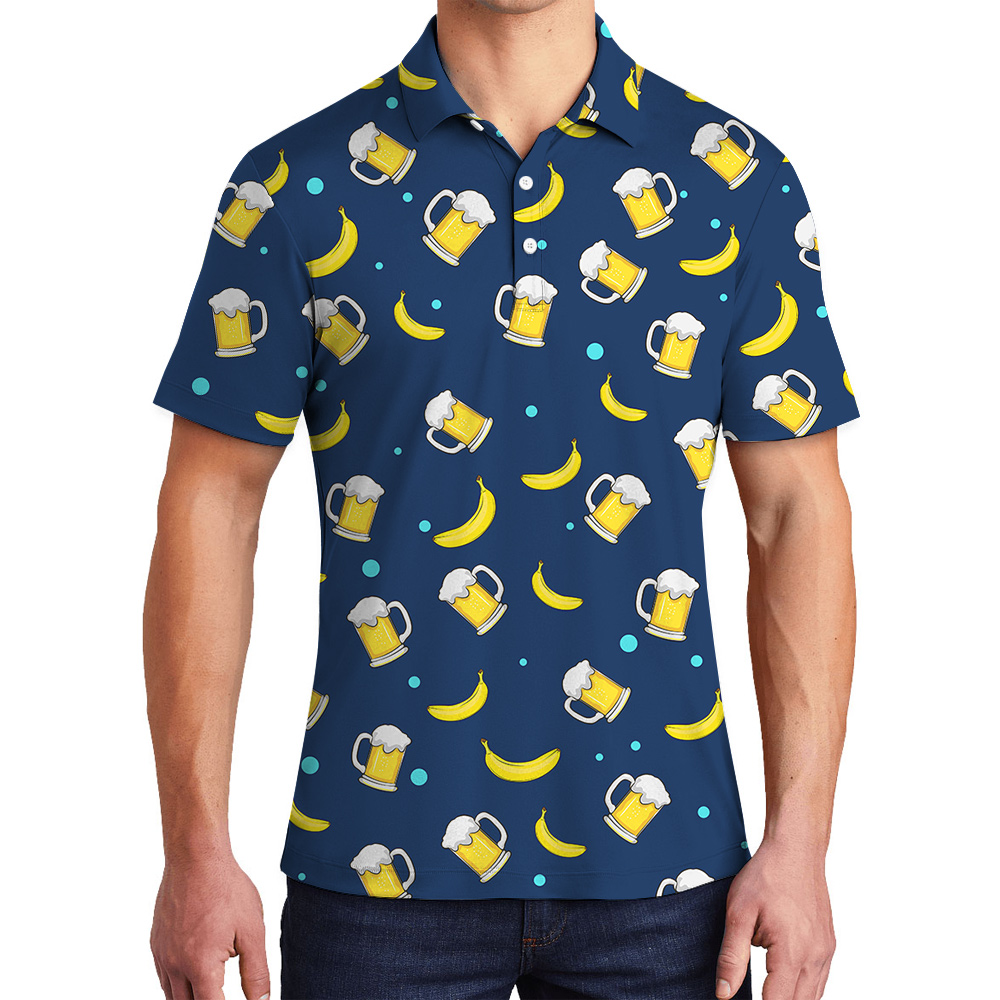 Father Figure Custom Face Navy Hawaiian Polo Shirt with Beer Motif