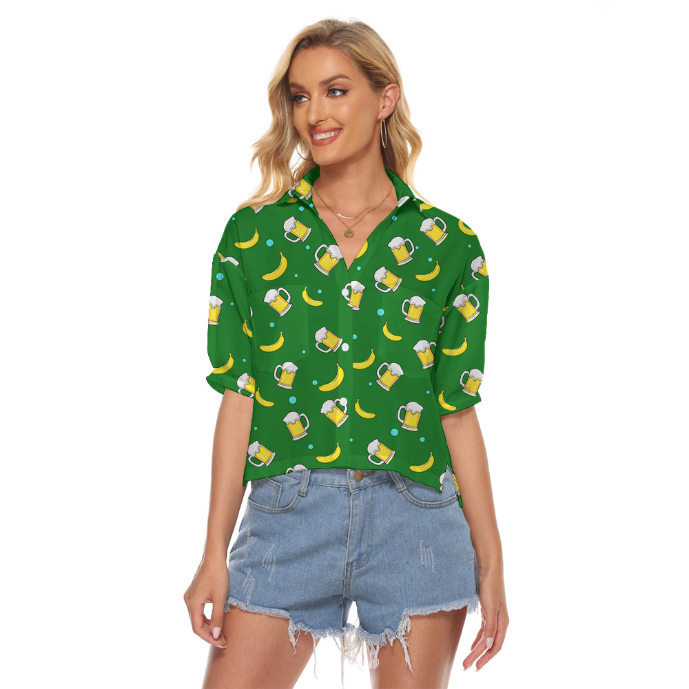 Custom Face Green Hawaiian Women Cropped Shirt with Beer Pattern