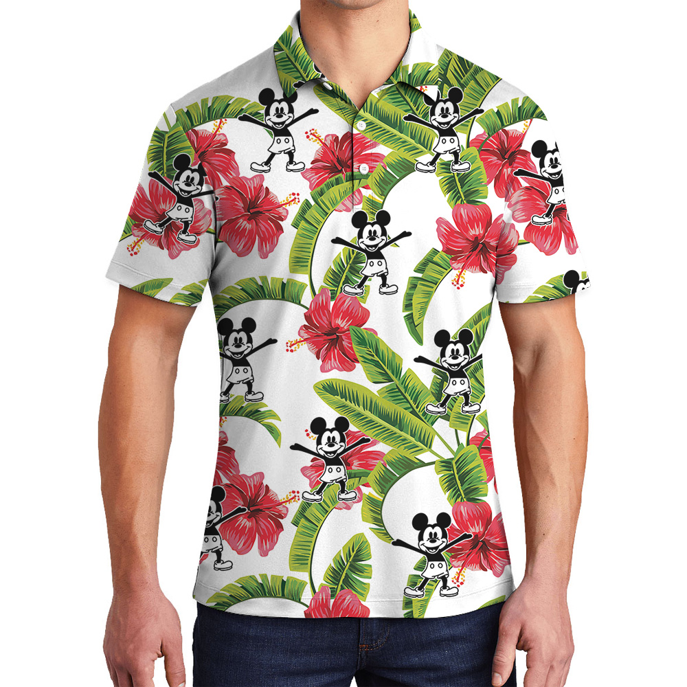 Mickey Steamboat Willie Movie Tropical Hibiscus Men's Hawaiian Polo Shirt - variant image 1