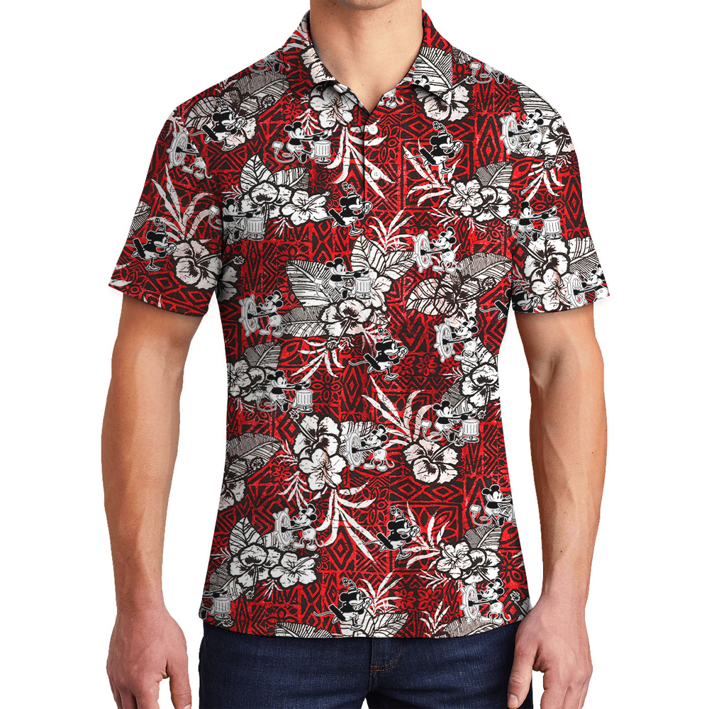 Cute Mickey Steamboat Willie Vintage Hibiscus Men's Hawaiian Polo Shirt - variant image 1