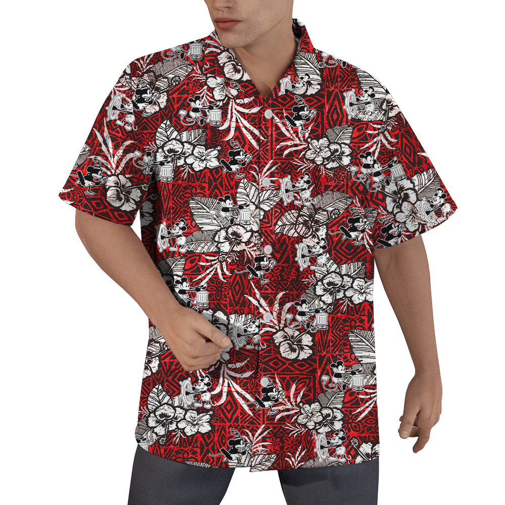 Steamboat Willie Mickey Mouse Vintage Hibiscus Hawaiian Button Up Shirt - variant image 1