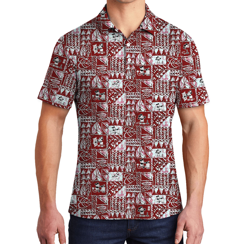Cute Mickey Steamboat Willie Tapa Patterns Red Hawaiian Polo Shirt For Men - variant image 1