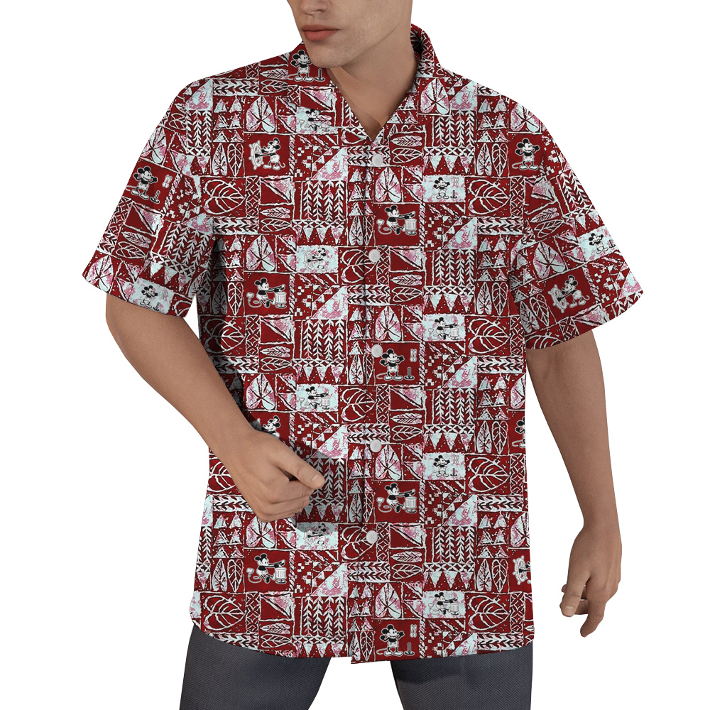 Vintage Tapa Pattern Steamboat Willie Mickey Red Hawaiian Button Up Shirt - variant image 1
