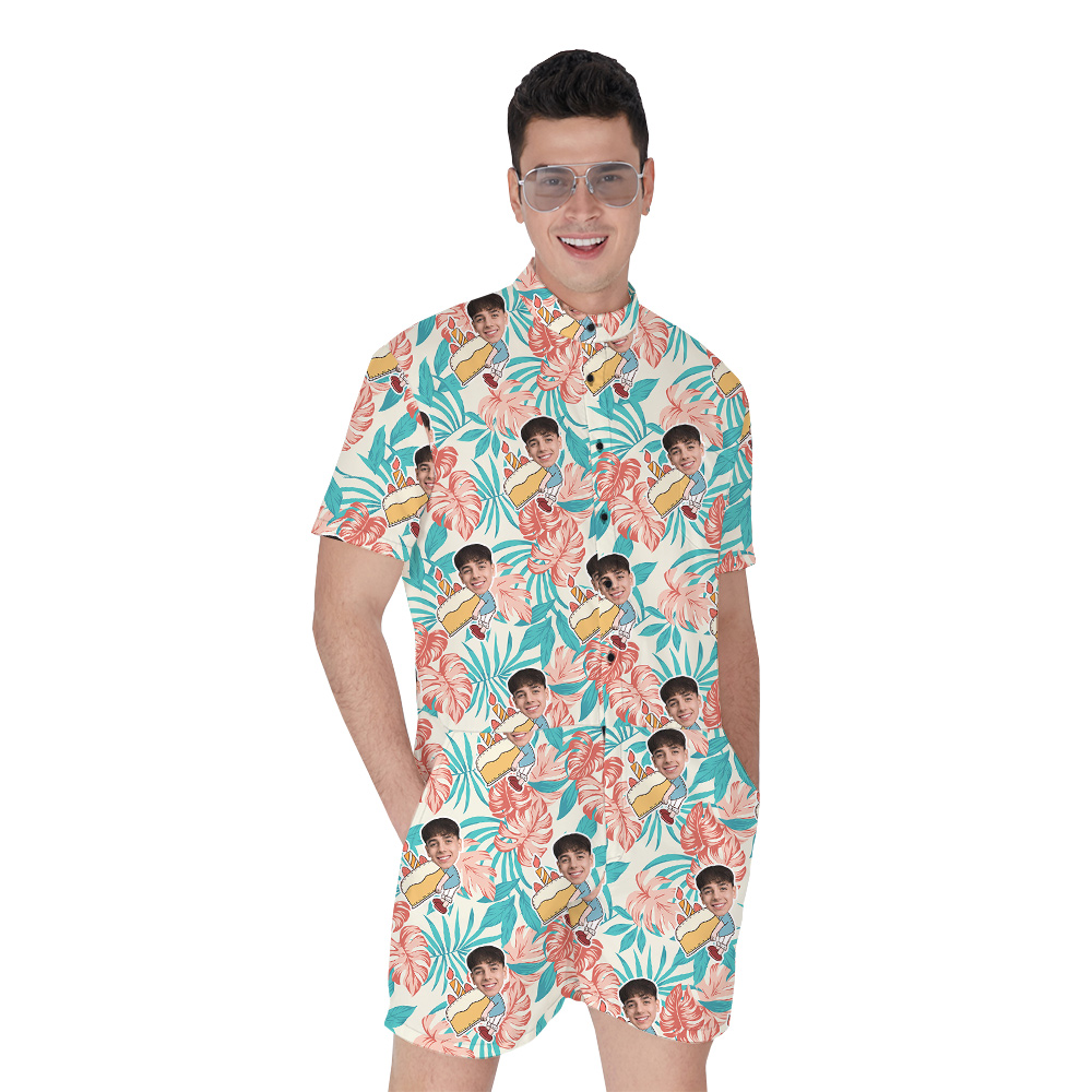 Custom Face for Birthday Hawaiian Men Romper on Palm Pattern - variant image 1