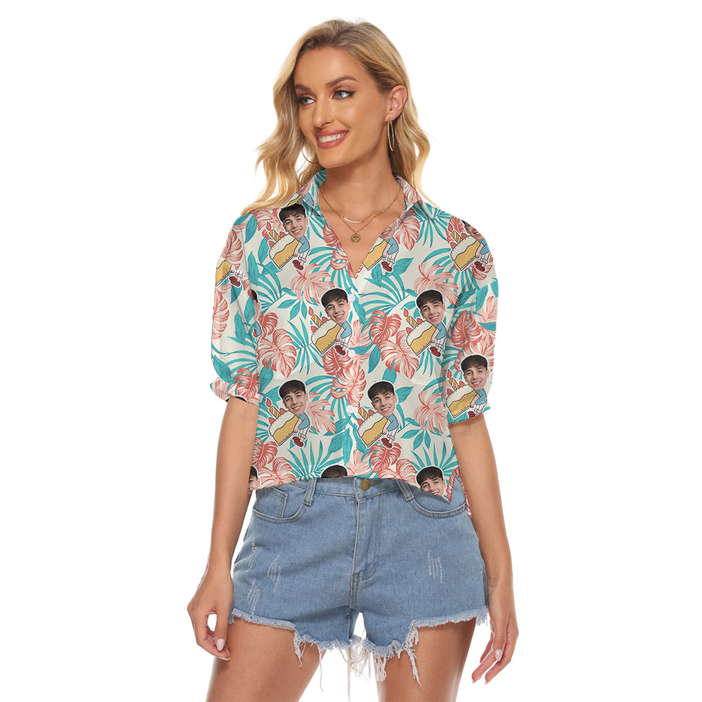 Custom Face for Birthday Aloha Women Cropped Shirt on Palm Pattern - variant image 1