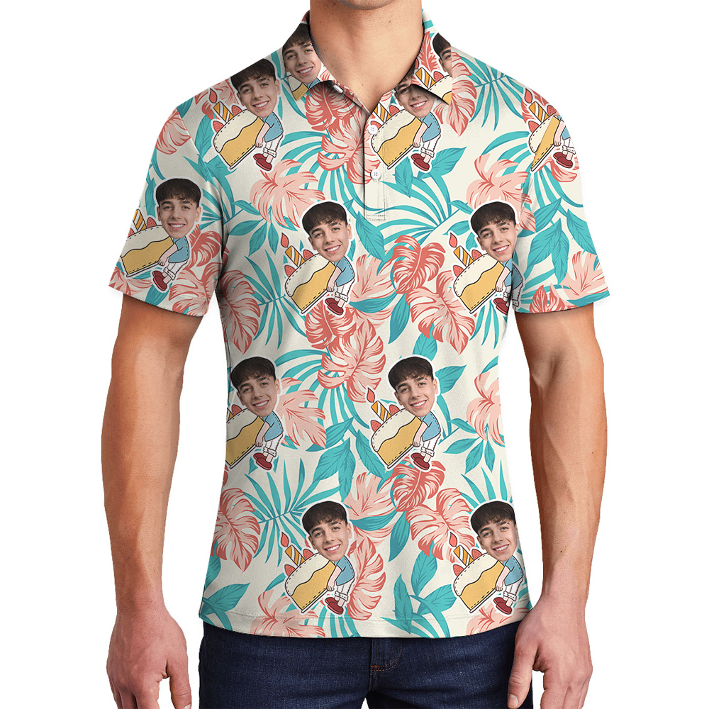 Palm Pattern Custom Birthday Hawaiian Men Polo Shirt with Face - variant image 1