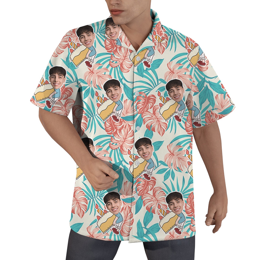 Palm Pattern Custom Birthday Hawaiian Men Shirt with Face - variant image 1