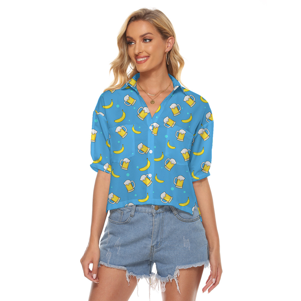 Custom Face Blue Hawaiian Women Cropped Shirt with Beer Pattern
