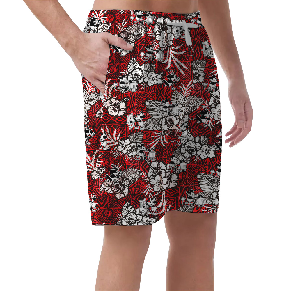 Cute Mickey Steamboat Willie Hibiscus Vintage Men's Hawaiian Beach Shorts