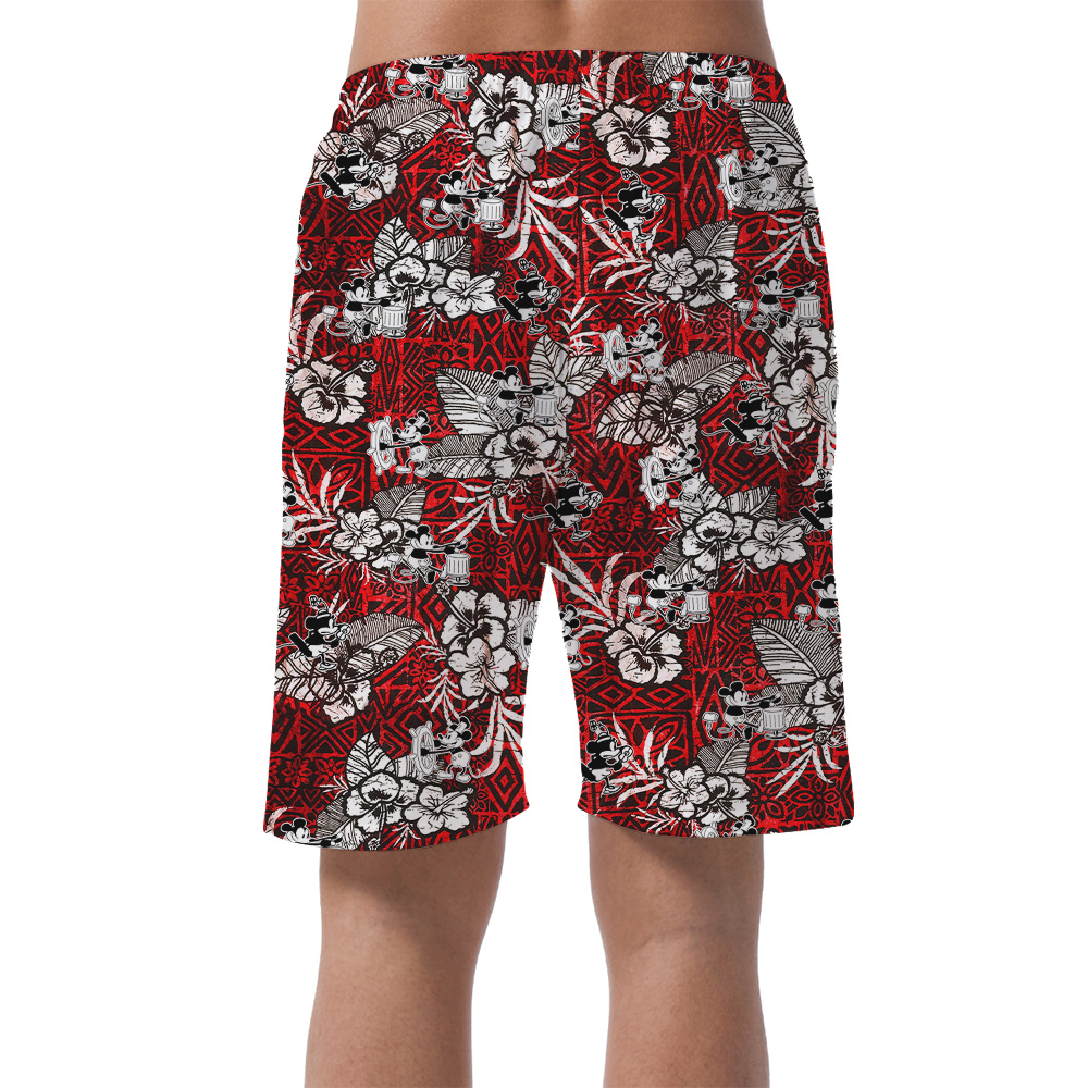 Cute Mickey Steamboat Willie Hibiscus Vintage Men's Hawaiian Beach Shorts