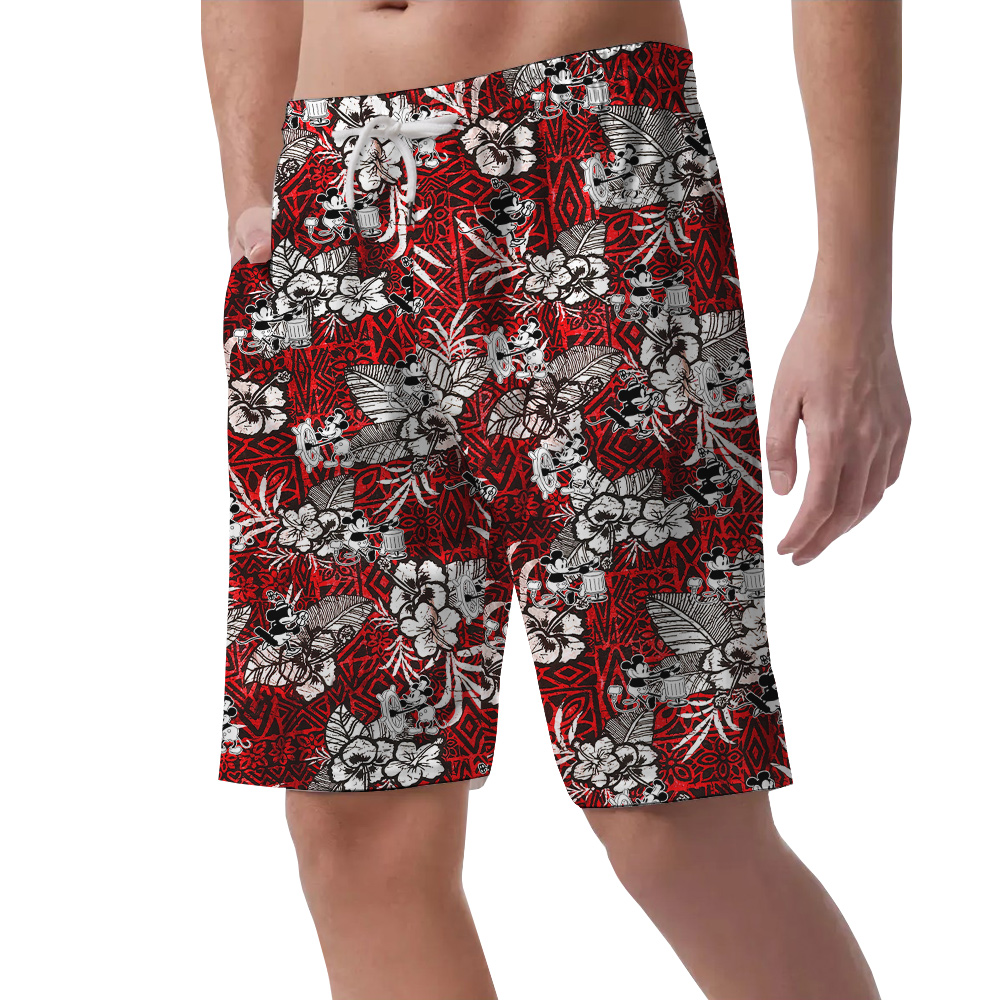 Cute Mickey Steamboat Willie Hibiscus Vintage Men's Hawaiian Beach Shorts