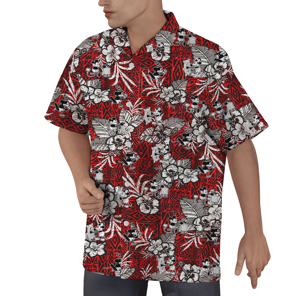 Steamboat Willie Mickey Mouse Vintage Hibiscus Hawaiian Button Up Shirt