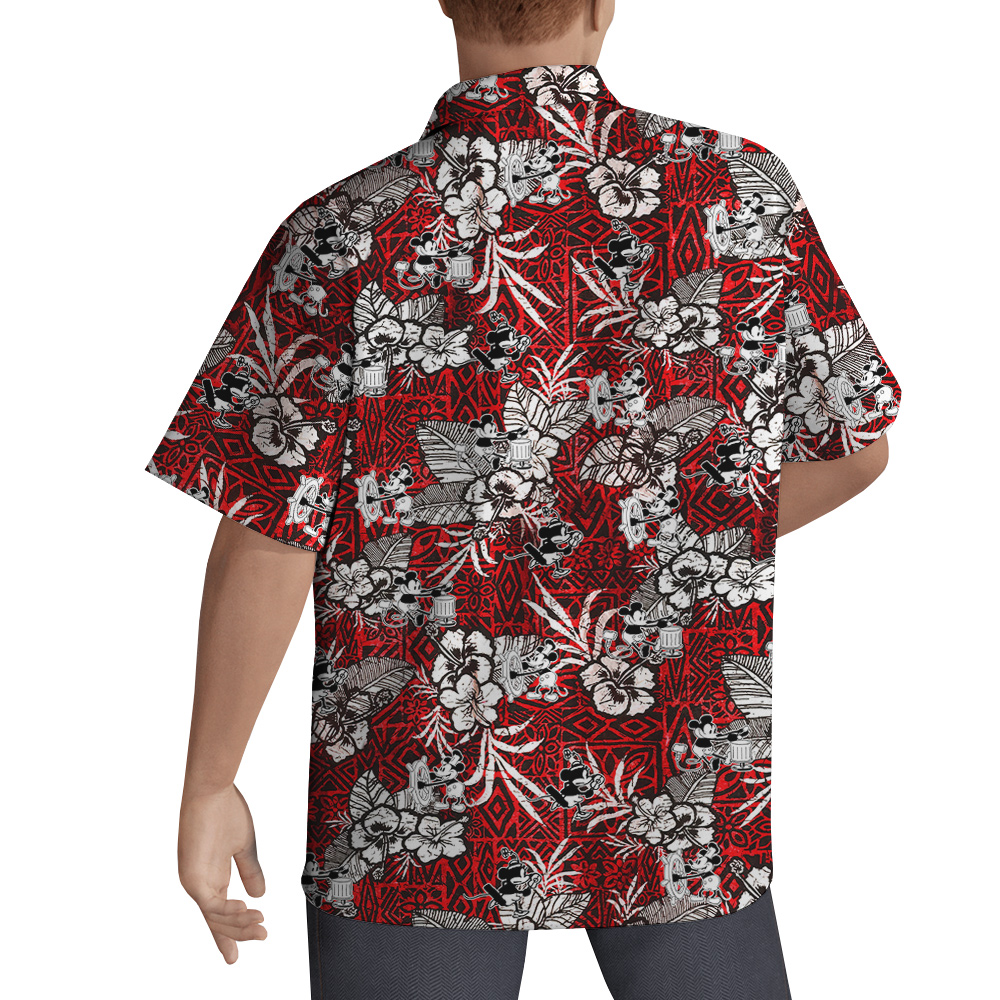 Steamboat Willie Mickey Mouse Vintage Hibiscus Hawaiian Button Up Shirt