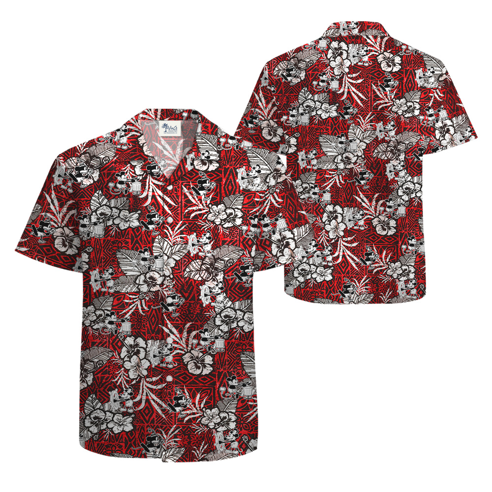 Steamboat Willie Mickey Mouse Vintage Hibiscus Hawaiian Button Up Shirt