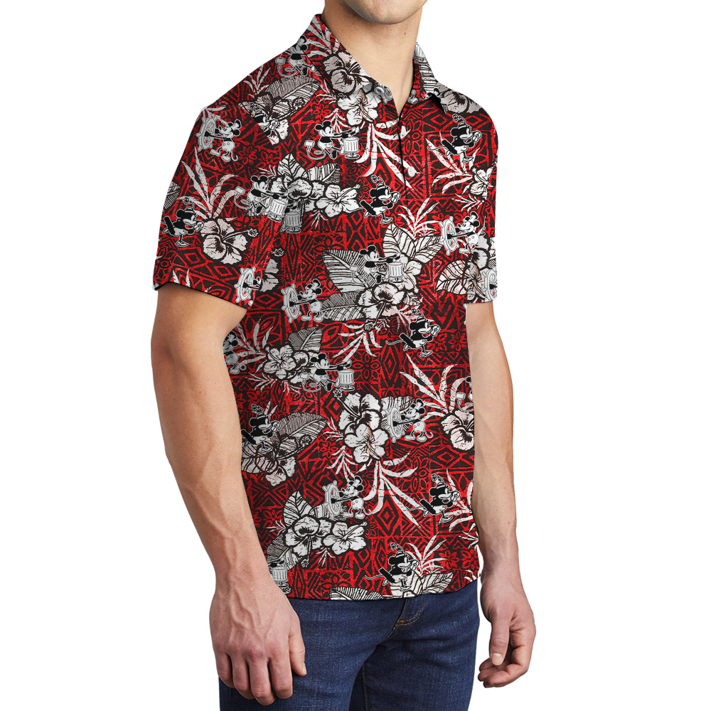 Cute Mickey Steamboat Willie Vintage Hibiscus Men's Hawaiian Polo Shirt