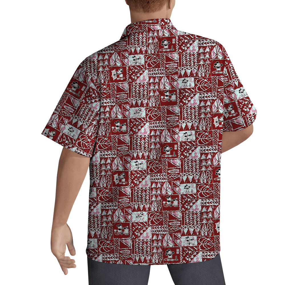 Vintage Tapa Pattern Steamboat Willie Mickey Red Hawaiian Button Up Shirt