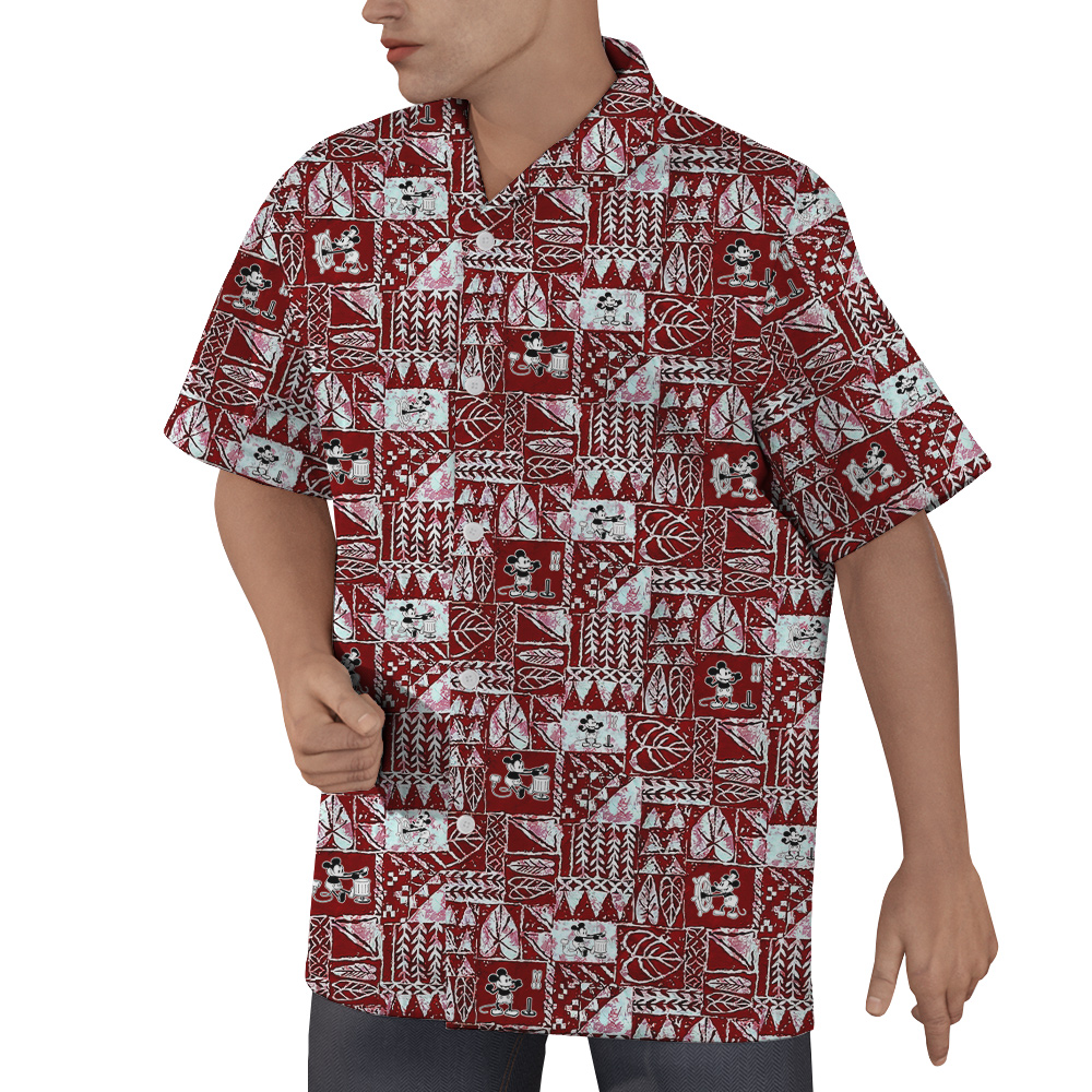 Vintage Tapa Pattern Steamboat Willie Mickey Red Hawaiian Button Up Shirt