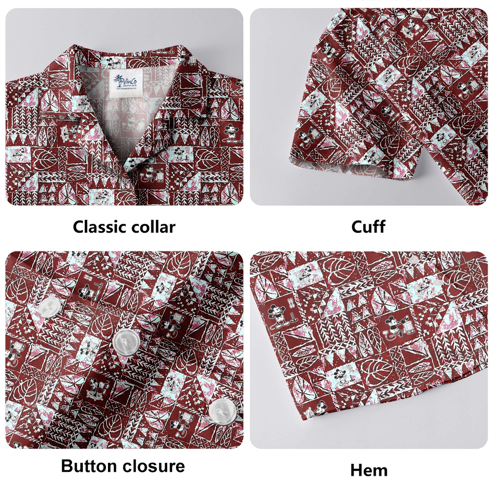 Vintage Tapa Pattern Steamboat Willie Mickey Red Hawaiian Button Up Shirt