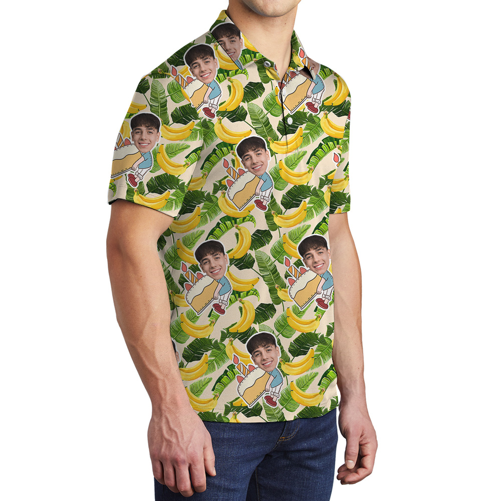 Custom Face Hawaiian Men Polo Shirt for Birthday on Banana Pattern