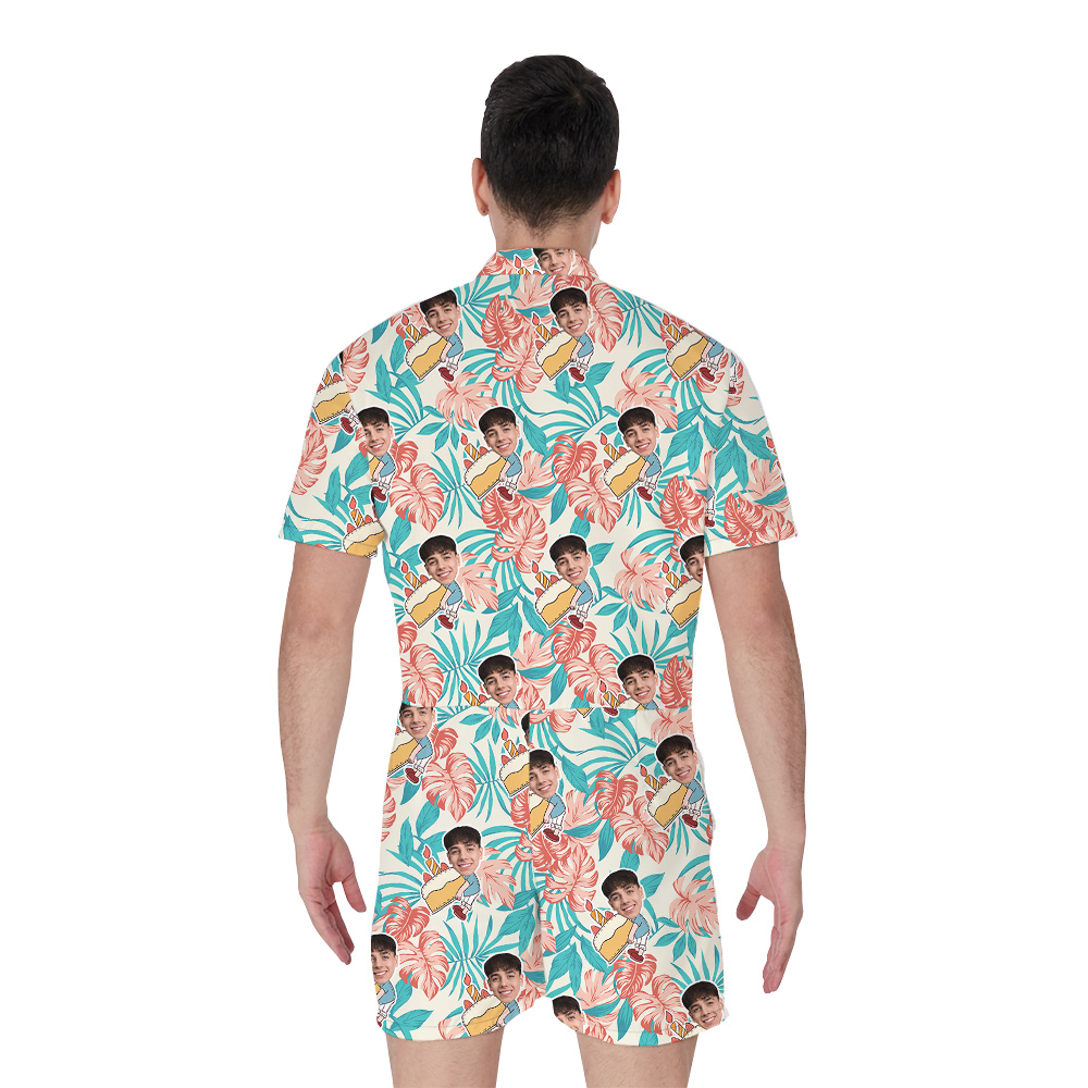 Custom Face for Birthday Hawaiian Men Romper on Palm Pattern