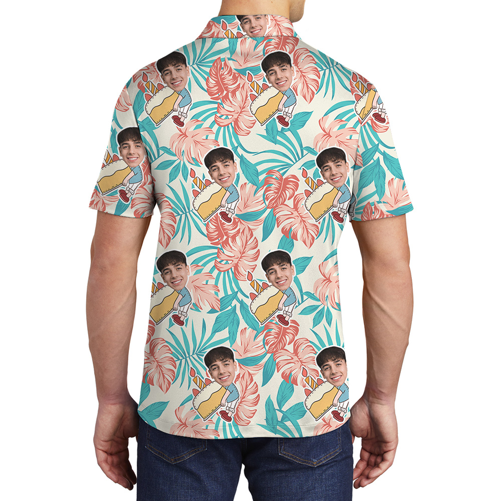 Palm Pattern Custom Birthday Hawaiian Men Polo Shirt with Face