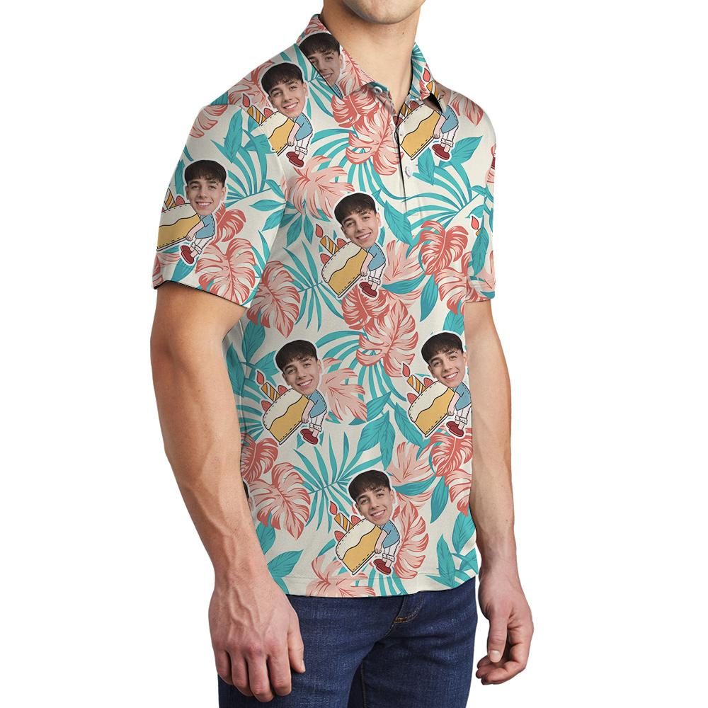 Palm Pattern Custom Birthday Hawaiian Men Polo Shirt with Face