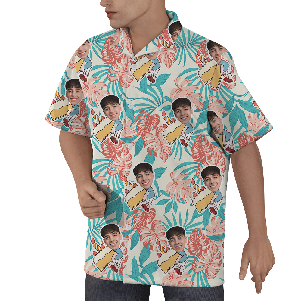 Palm Pattern Custom Birthday Hawaiian Men Shirt with Face