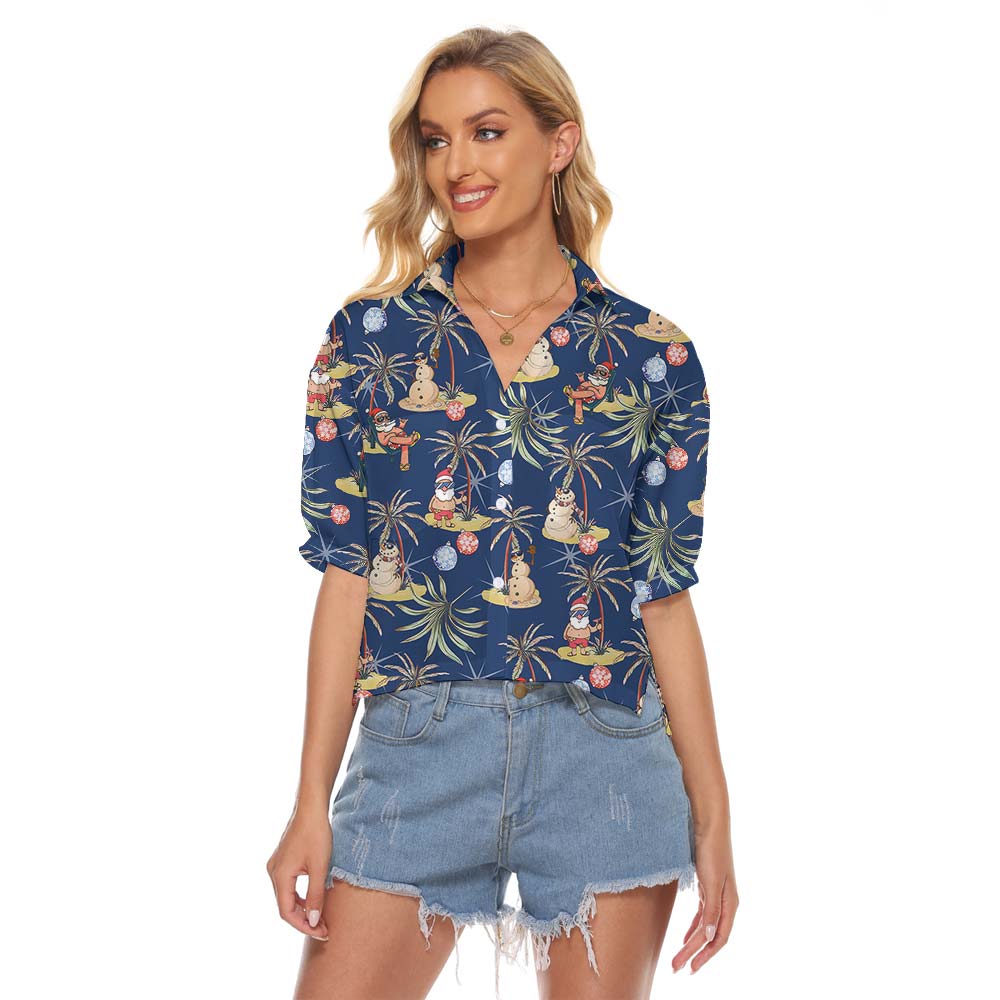 Navy Hawaiian Women's Cropped Shirt With Santa Pattern - variant image 1