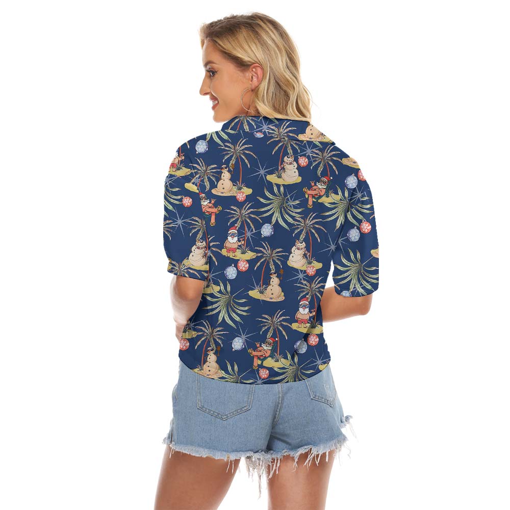 Navy Hawaiian Women's Cropped Shirt With Santa Pattern