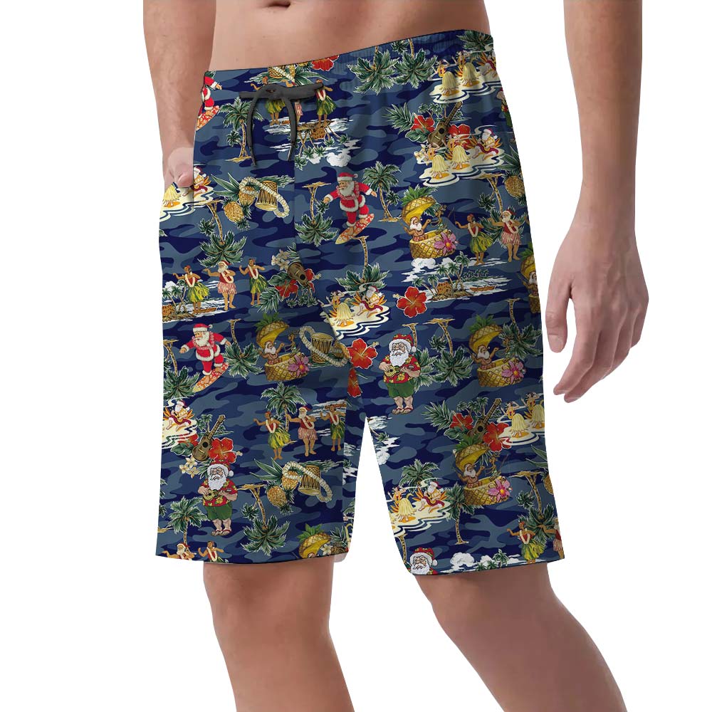Hawaiian Men's Beach Shorts With Santa Pattern