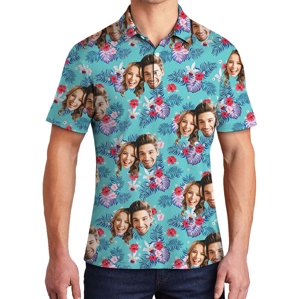 Custom Couple Face Men's Hawaiian Polo Shirt - variant image 1