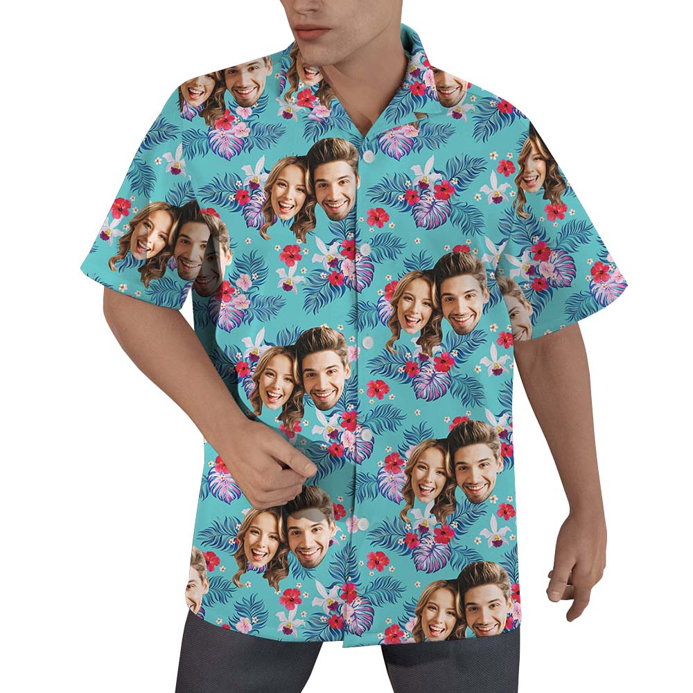 Custom Face Hawaiian Shirt For Couples Blue - variant image 1