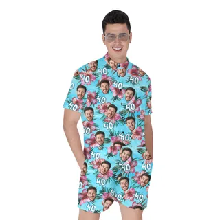 Birthday Blue Hawaiian Men Romper with Custom Face and Age