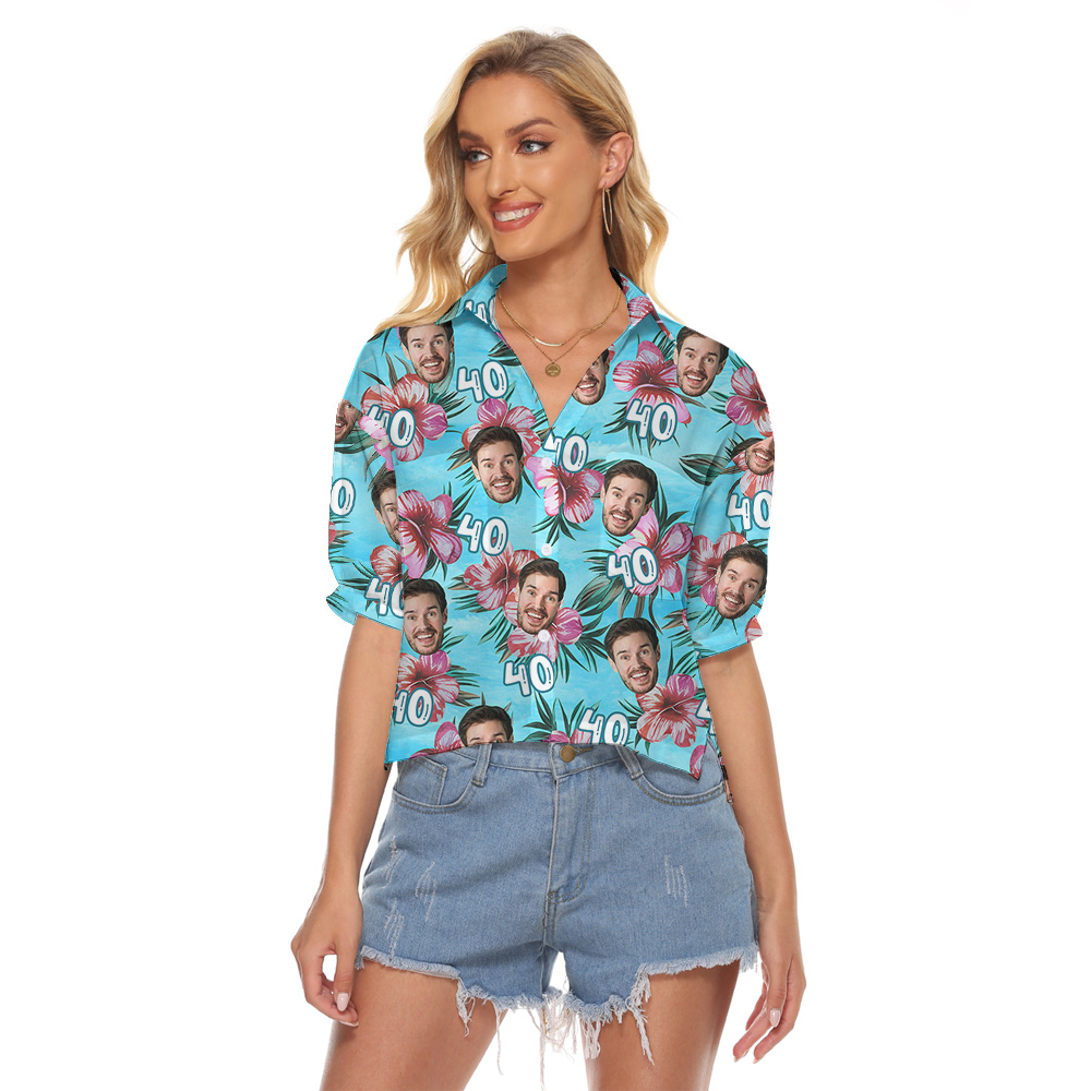 Birthday Blue Hawaiian Women Cropped Shirt with Custom Face and Age - variant image 1