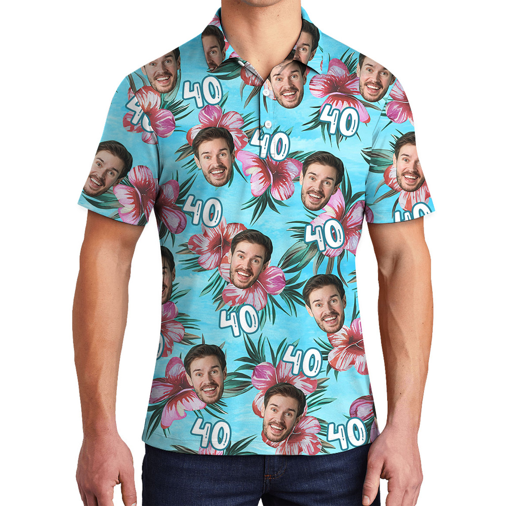 Birthday Blue Hawaiian Men Polo Shirt with Custom Face and Age - variant image 1