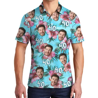 Birthday Blue Hawaiian Men Polo Shirt with Custom Face and Age