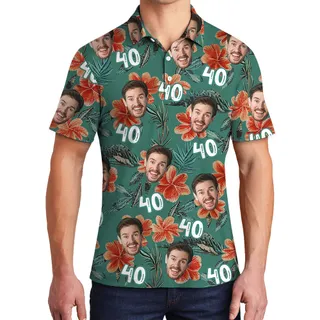 Custom Face and Age Birthday Hawaiian Men Polo Shirt