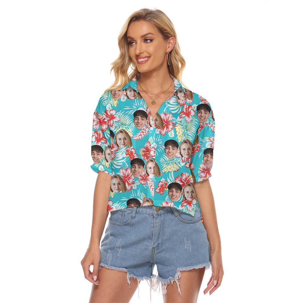Custom Face Women Crop Top With Hibiscus Blue Print - variant image 1