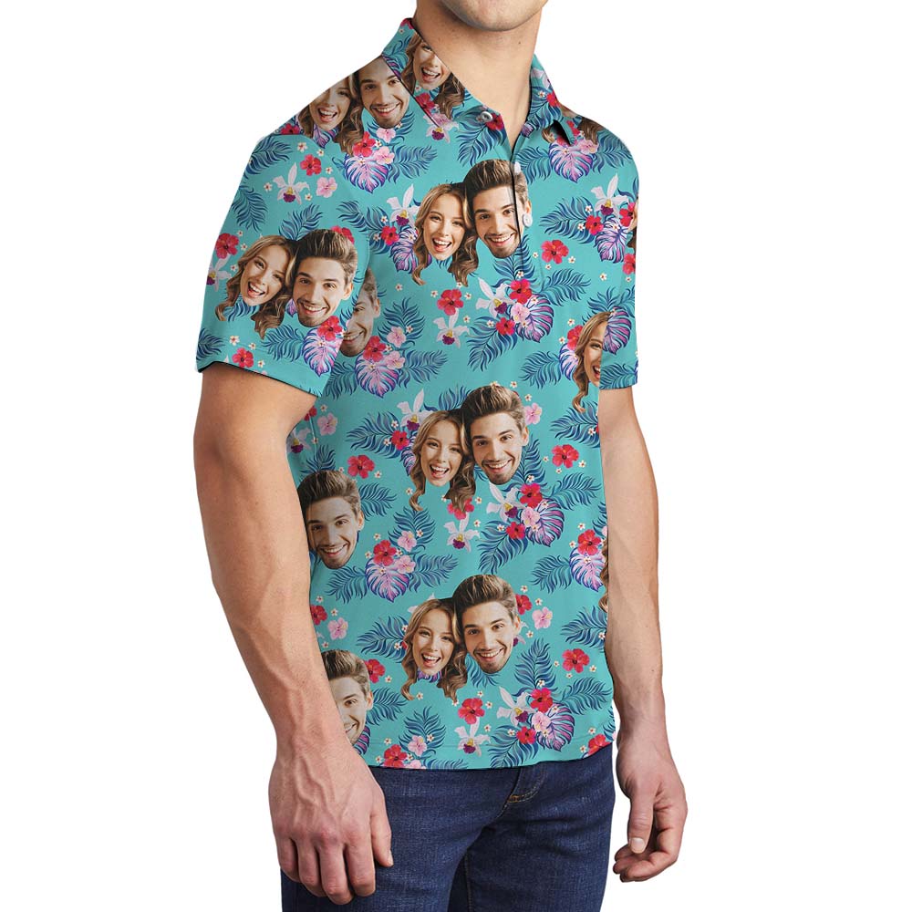 Custom Couple Face Men's Hawaiian Polo Shirt