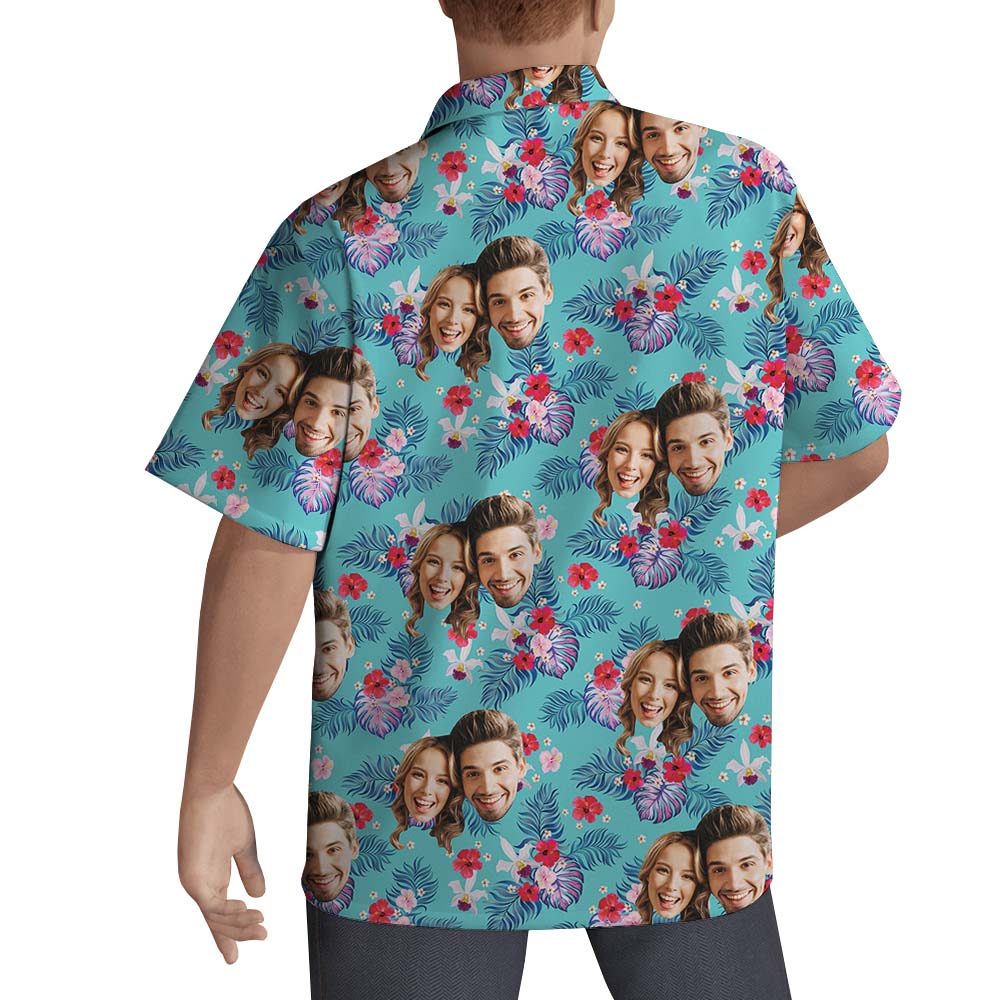 Custom Face Hawaiian Shirt For Couples Blue