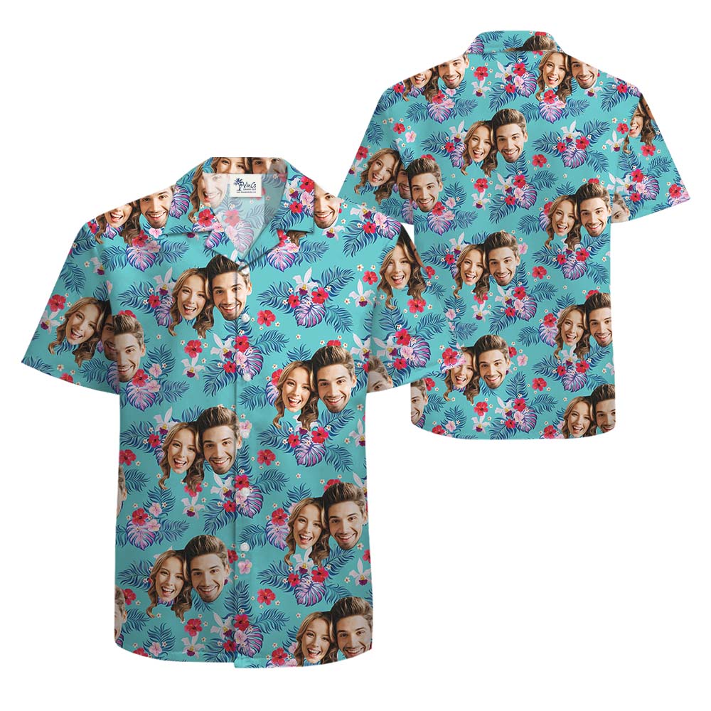 Custom Face Hawaiian Shirt For Couples Blue