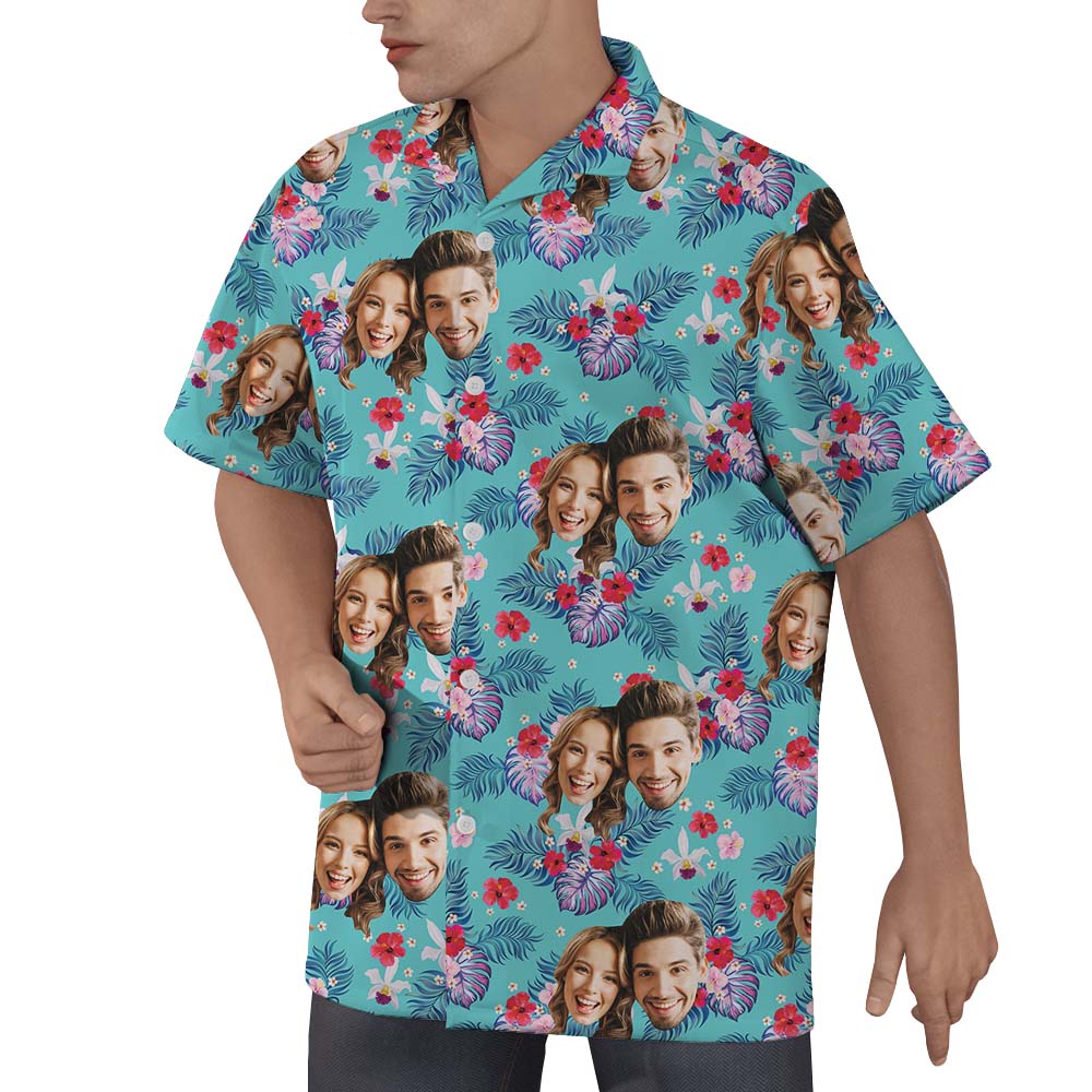 Custom Face Hawaiian Shirt For Couples Blue