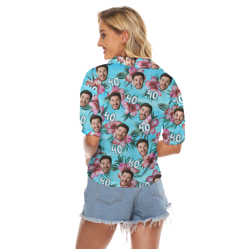 Birthday Blue Hawaiian Women Cropped Shirt with Custom Face and Age